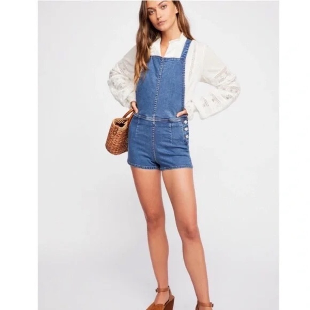New Free People First Love Shortall 25 / XS 0 Blue Denim Overall Shorts